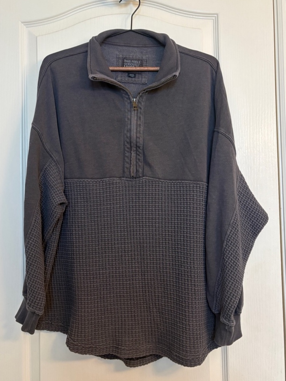 American Eagle Seriously Lived-In Waffle Patchwork Half Zip Pullover Gray M